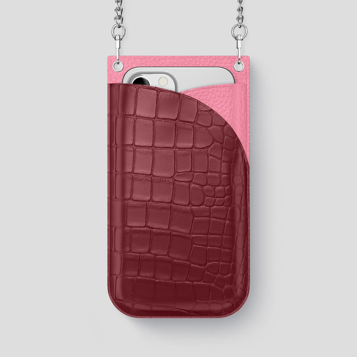Burgundy iPhone 14 Pro Max Crossbody Bag Alligator with Steel Metal -1 | Burgundy-Steel
