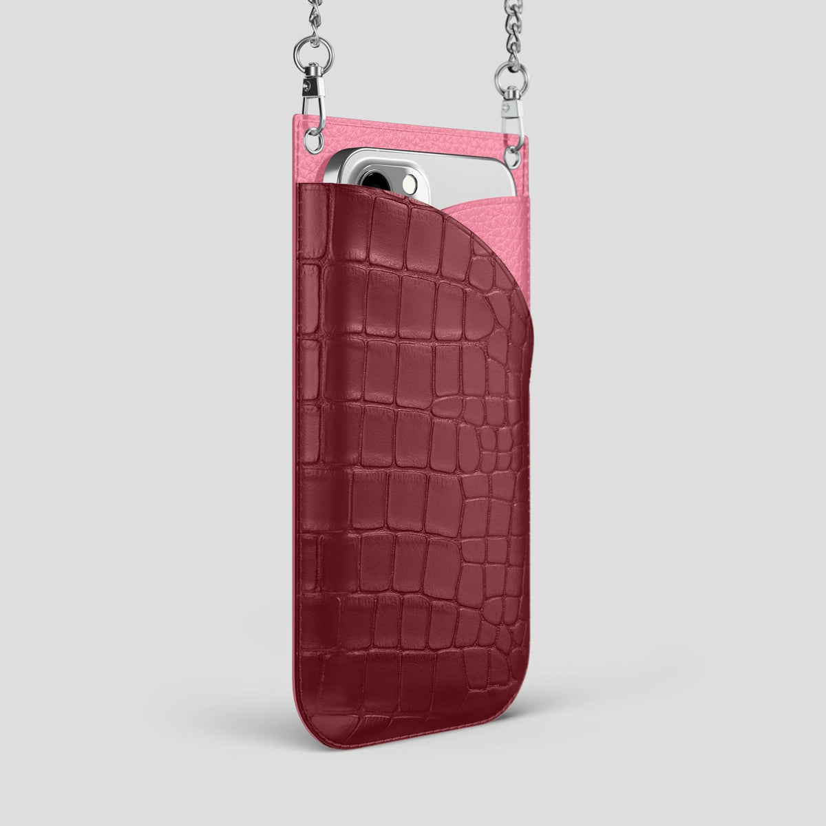Burgundy iPhone 14 Pro Max Crossbody Bag Alligator with Steel Metal -2 | Burgundy-Steel