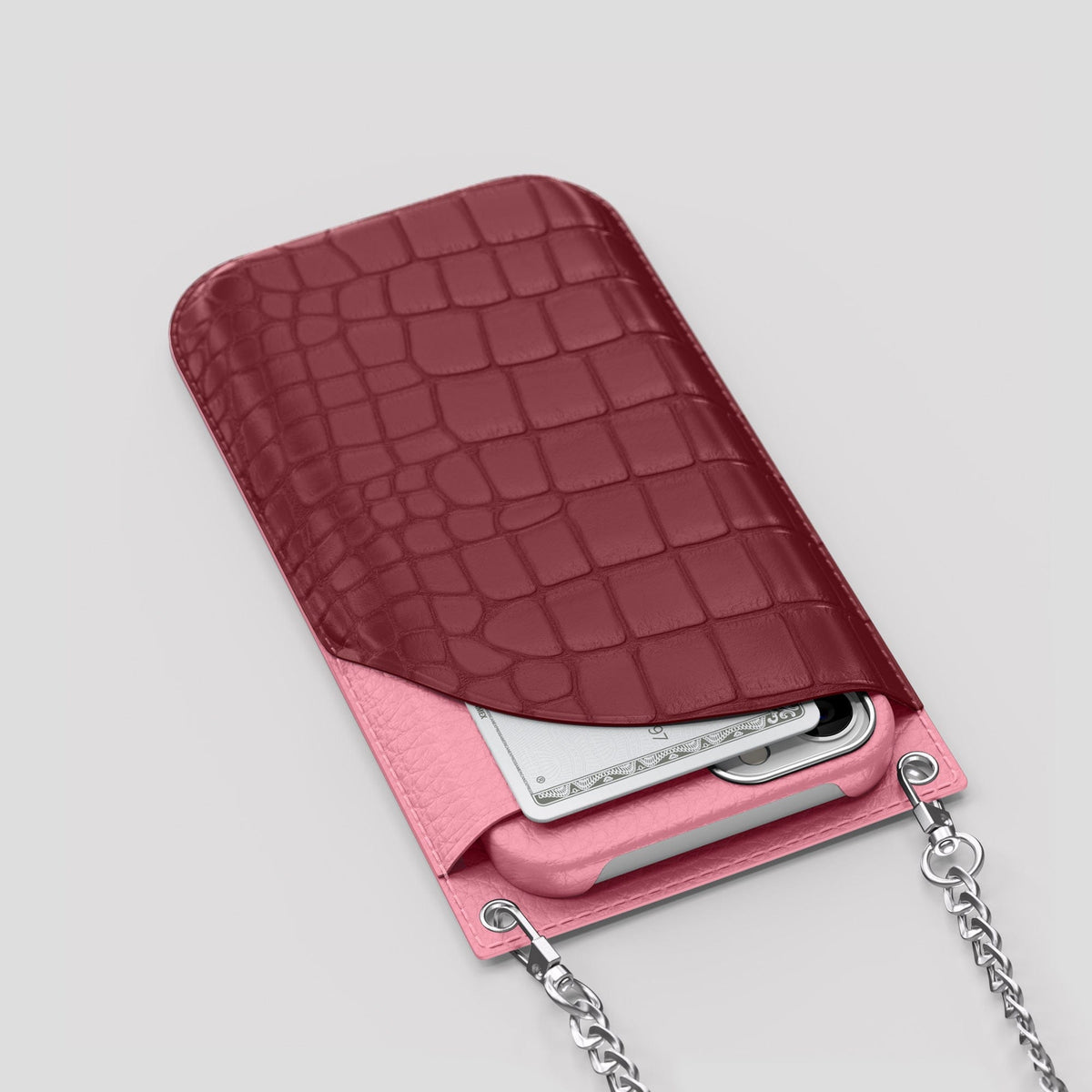 Burgundy iPhone 14 Pro Max Crossbody Bag Alligator with Steel Metal -5 | Burgundy-Steel