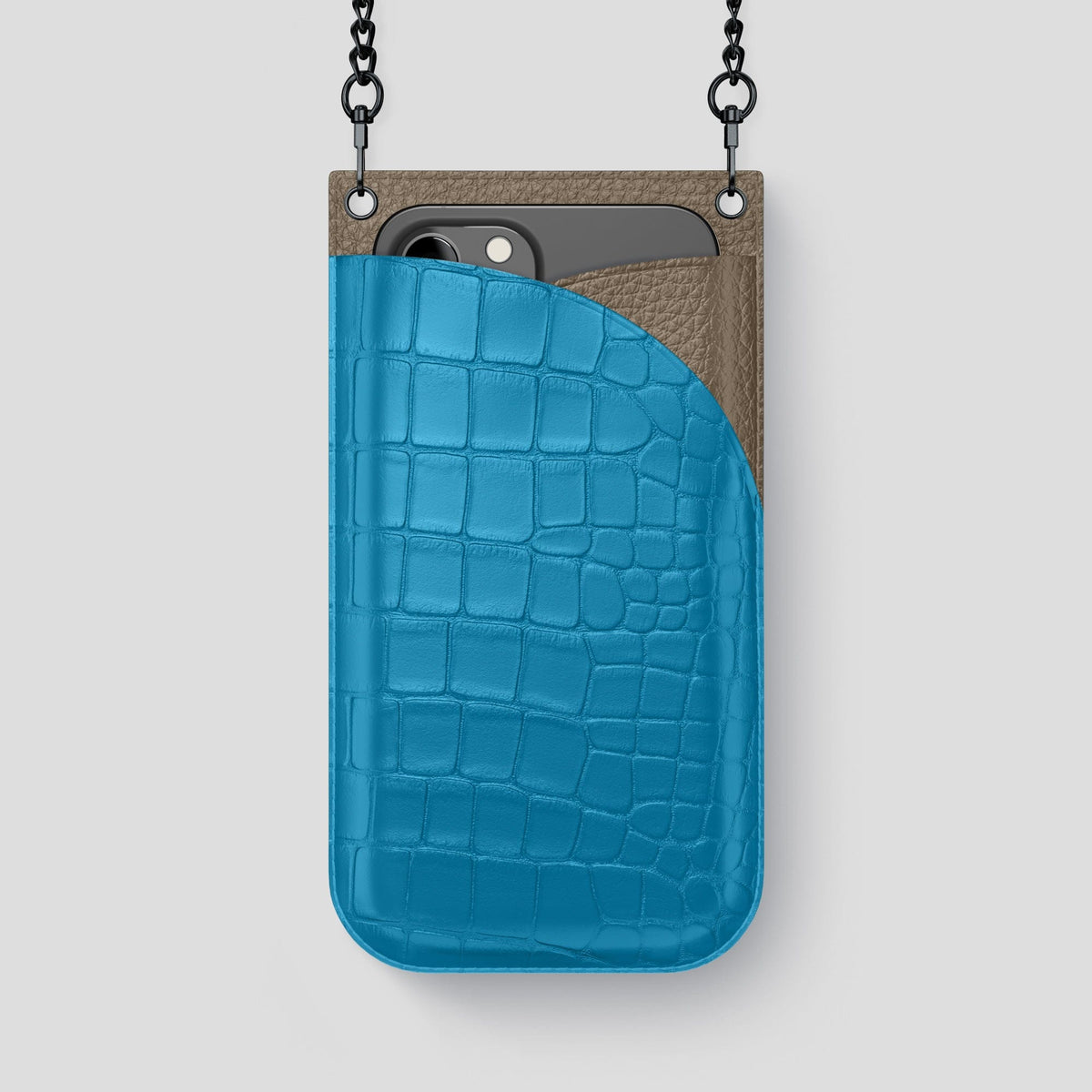 Curaçao-Blue iPhone 14 Pro Max Crossbody Bag Alligator with Black Metal -1 | Curaçao-Blue-Black