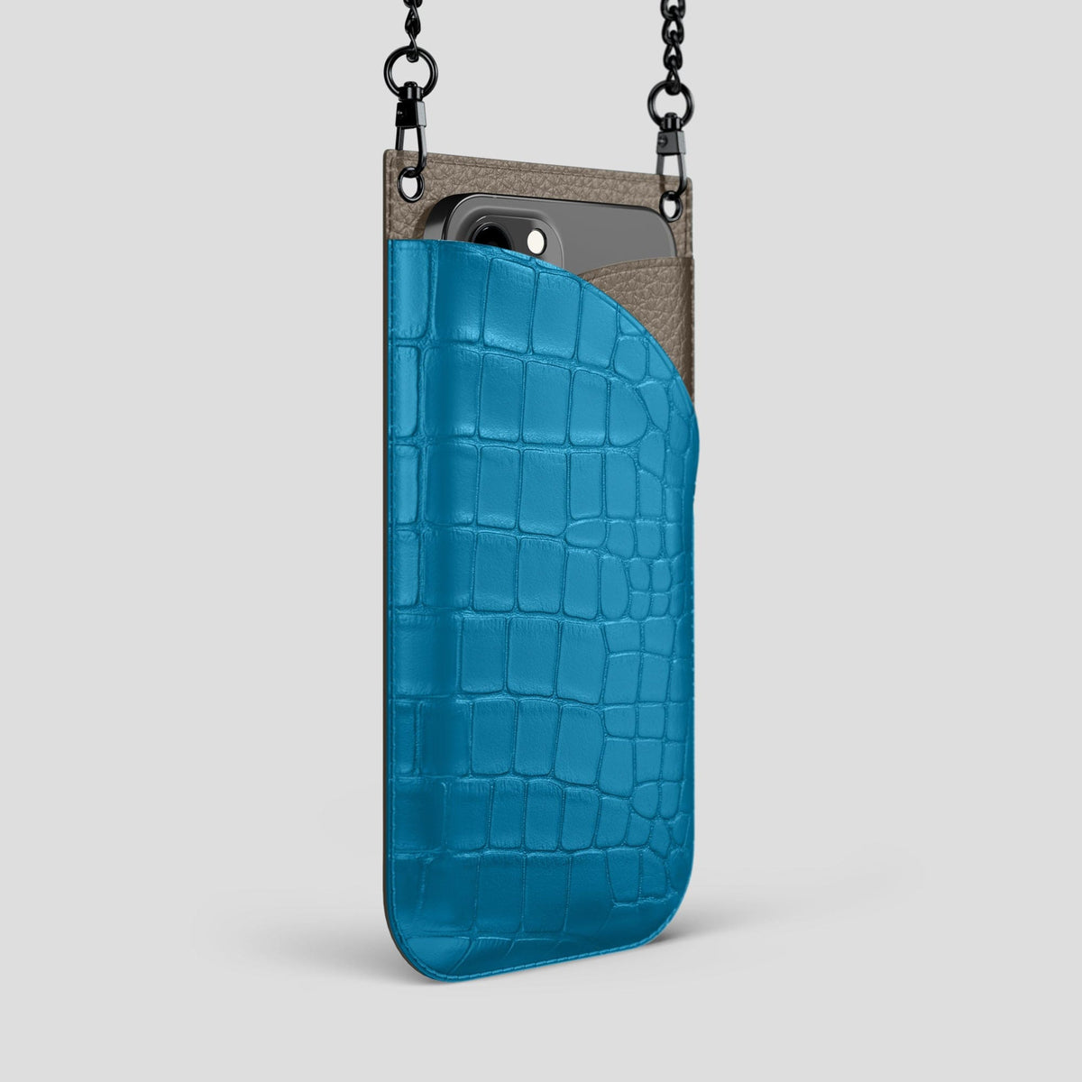 Curaçao-Blue iPhone 14 Pro Max Crossbody Bag Alligator with Black Metal -2 | Curaçao-Blue-Black