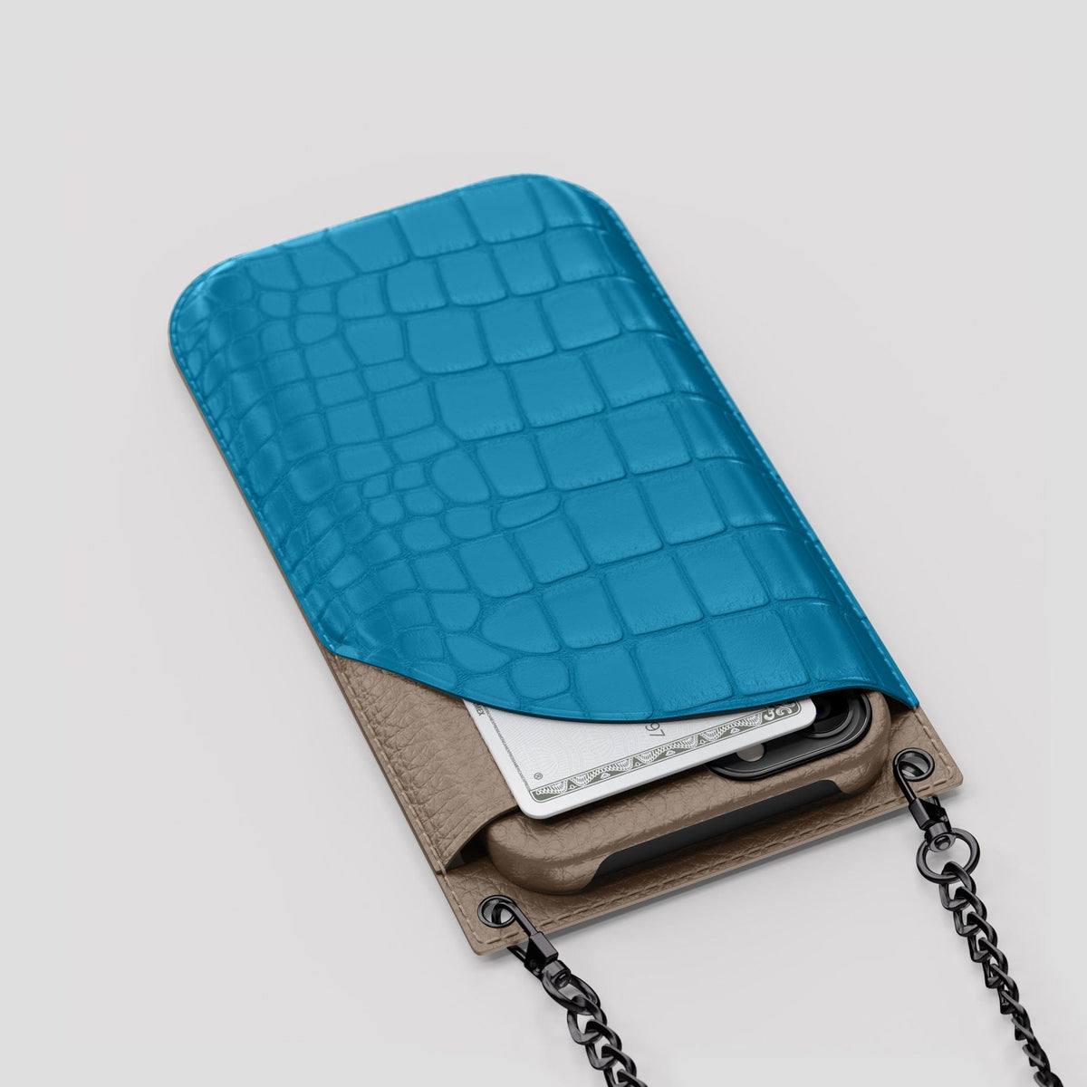 Curaçao-Blue iPhone 14 Pro Max Crossbody Bag Alligator with Black Metal -5 | Curaçao-Blue-Black