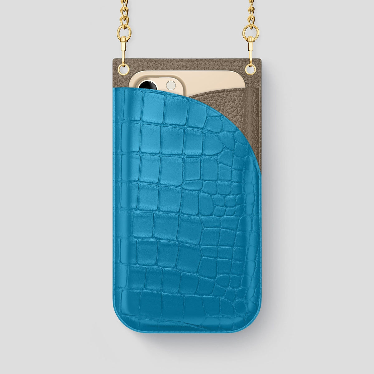 Curaçao-Blue iPhone 14 Pro Max Crossbody Bag Alligator with Gold Metal -1 | Curaçao-Blue-Gold