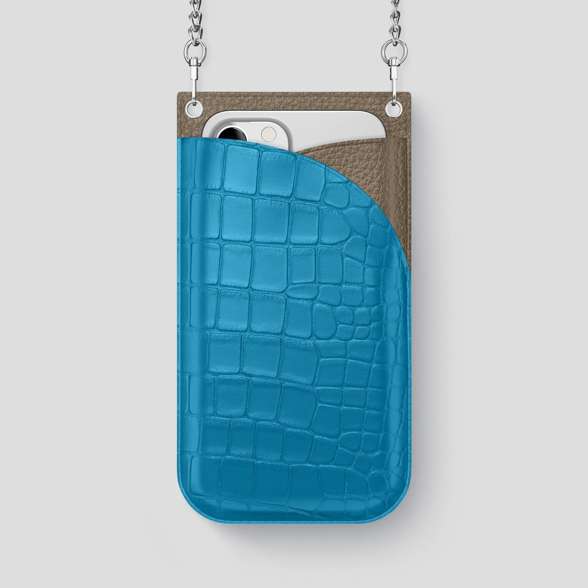 Curaçao-Blue iPhone 14 Pro Max Crossbody Bag Alligator with Steel Metal -1 | Curaçao-Blue-Steel