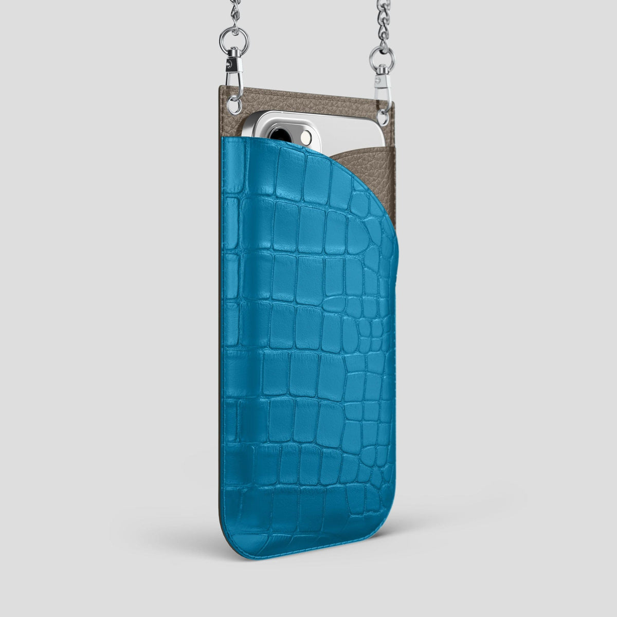 Curaçao-Blue iPhone 14 Pro Max Crossbody Bag Alligator with Steel Metal -2 | Curaçao-Blue-Steel