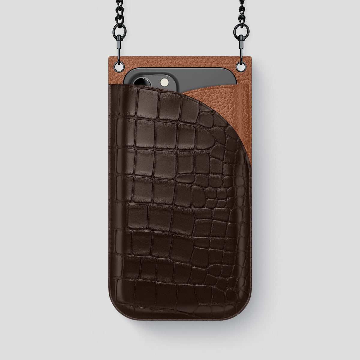 Dark Brown iPhone 14 Pro Max Crossbody Bag Alligator with Black Metal -1 | Dark-Brown-Black