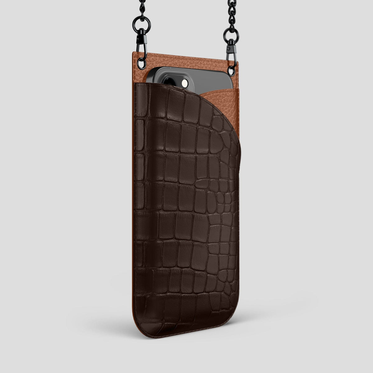 Dark Brown iPhone 14 Pro Max Crossbody Bag Alligator with Black Metal -2 | Dark-Brown-Black