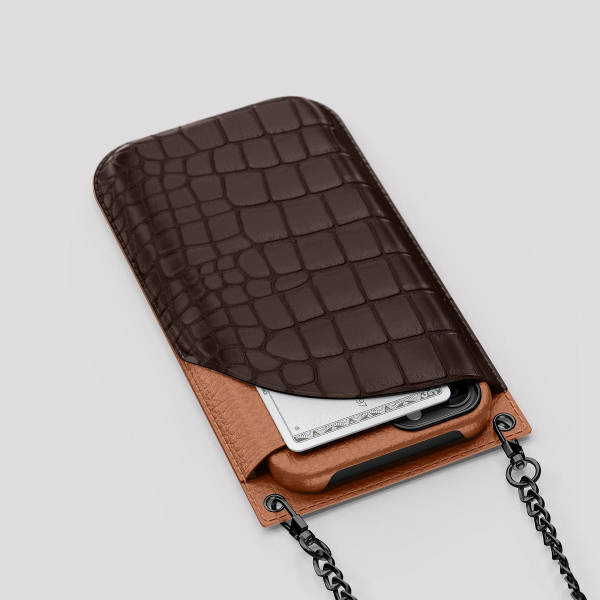 Dark Brown iPhone 14 Pro Max Crossbody Bag Alligator with Black Metal -5 | Dark-Brown-Black