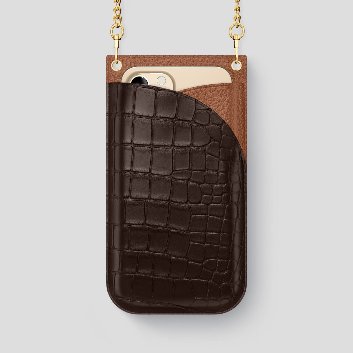 Dark Brown iPhone 14 Pro Max Crossbody Bag Alligator with Gold Metal -1 | Dark-Brown-Gold