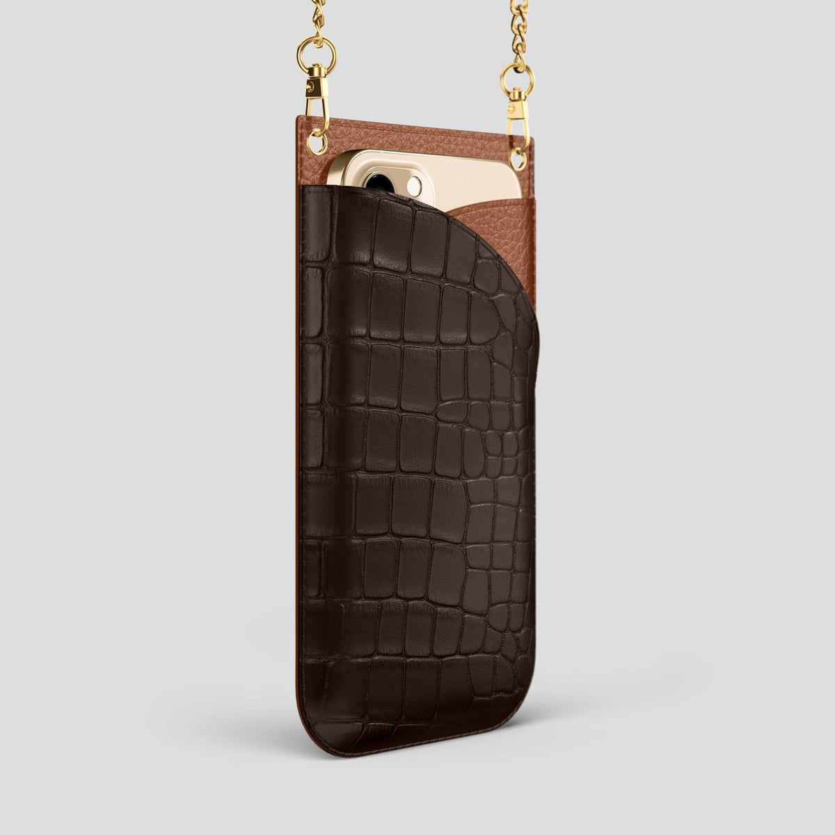 Dark Brown iPhone 14 Pro Max Crossbody Bag Alligator with Gold Metal -2 | Dark-Brown-Gold