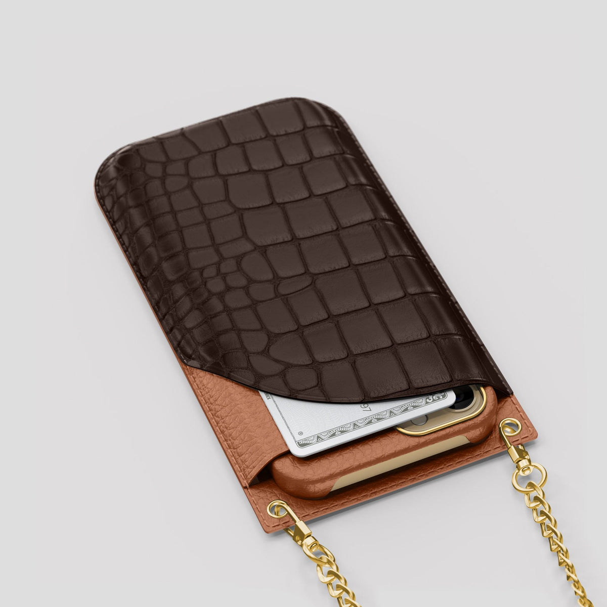 Dark Brown iPhone 14 Pro Max Crossbody Bag Alligator with Gold Metal -5 | Dark-Brown-Gold