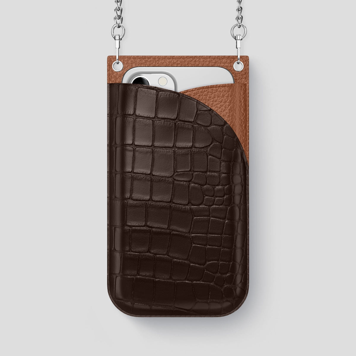 Dark Brown iPhone 14 Pro Max Crossbody Bag Alligator with Steel Metal -1 | Dark-Brown-Steel