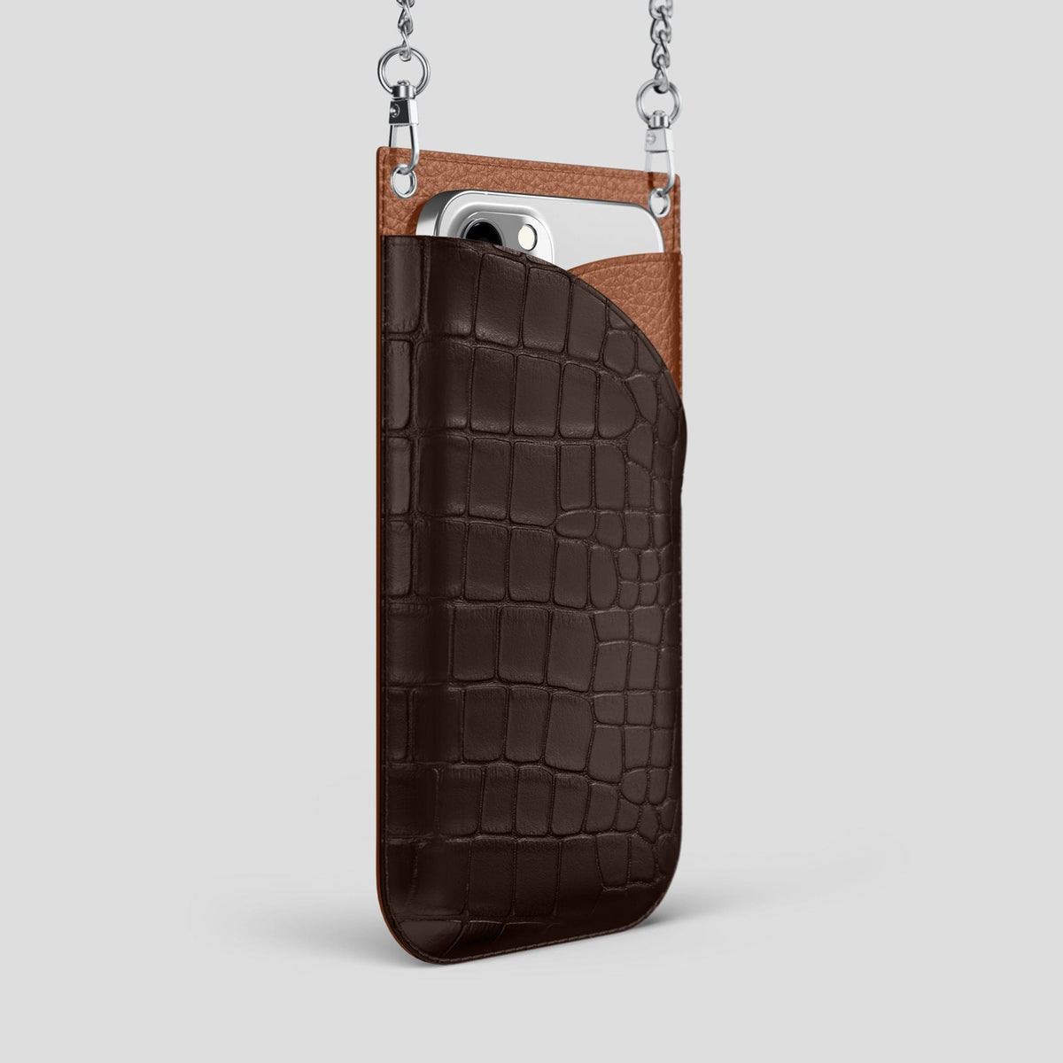 Dark Brown iPhone 14 Pro Max Crossbody Bag Alligator with Steel Metal -2 | Dark-Brown-Steel