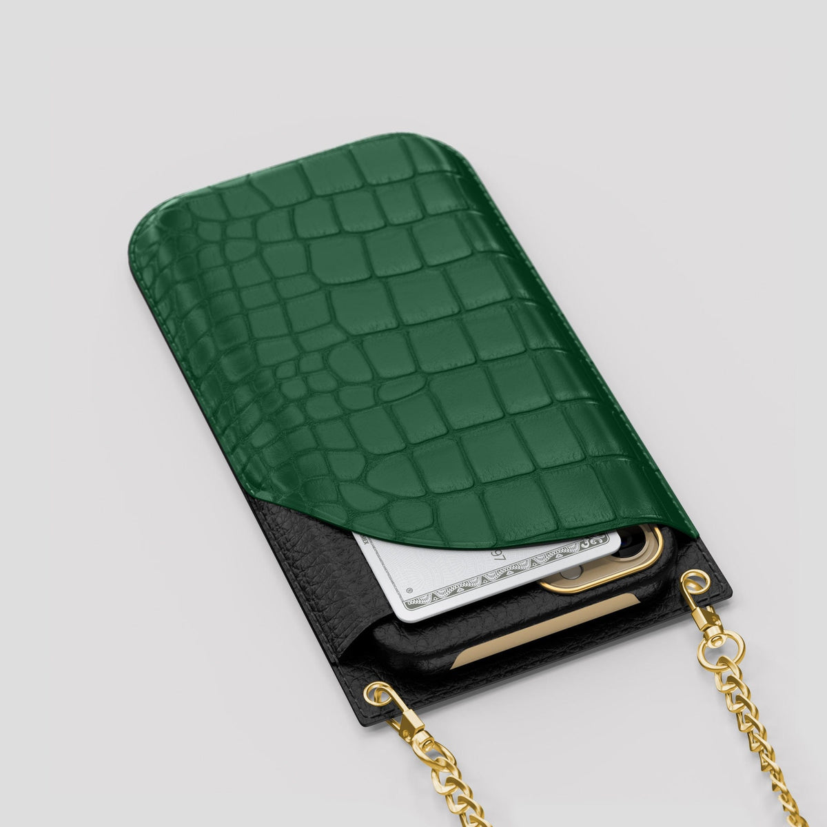 Forest-Green iPhone 14 Pro Max Crossbody Bag Alligator with Gold Metal -5 | Forest-Green-Gold