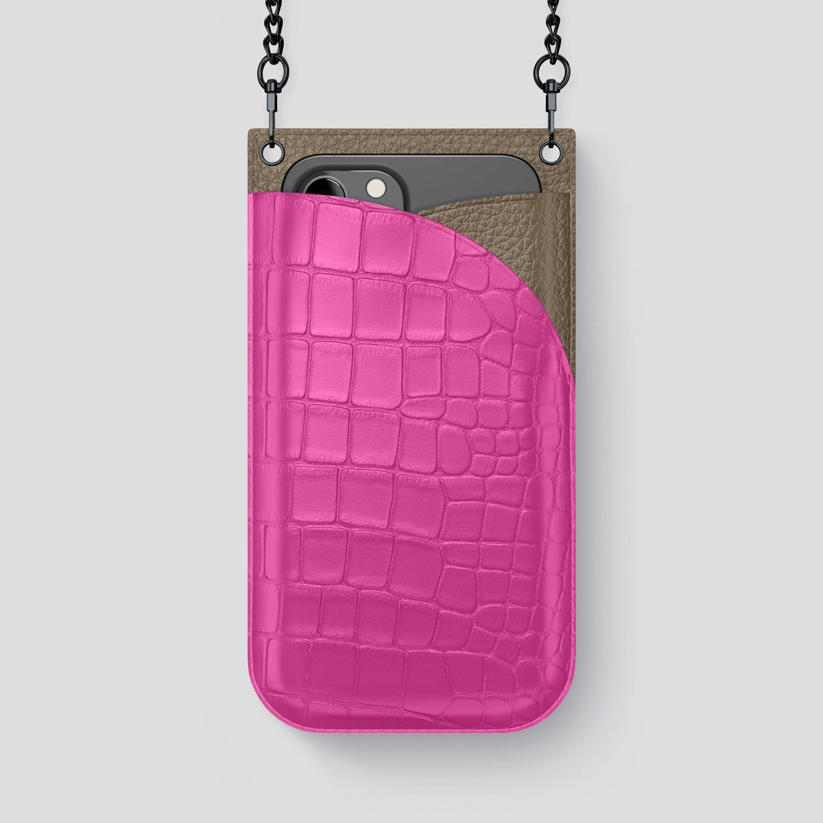Fuchsia iPhone 14 Pro Max Crossbody Bag Alligator with Black Metal -1 | Fuchsia-Black