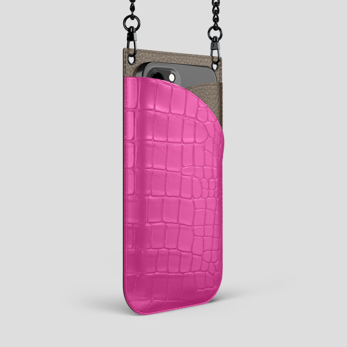 Fuchsia iPhone 14 Pro Max Crossbody Bag Alligator with Black Metal -2 | Fuchsia-Black
