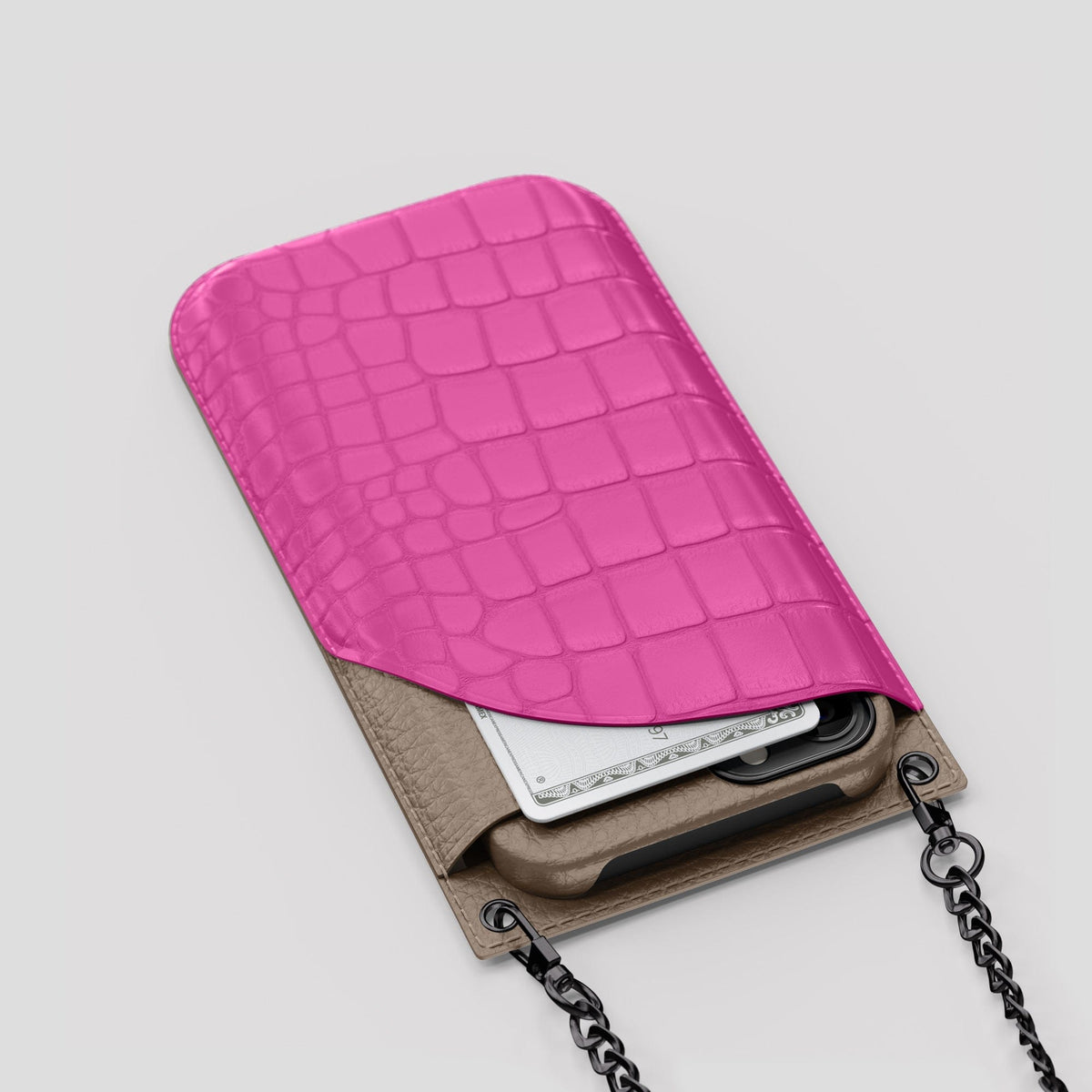 Fuchsia iPhone 14 Pro Max Crossbody Bag Alligator with Black Metal -5 | Fuchsia-Black