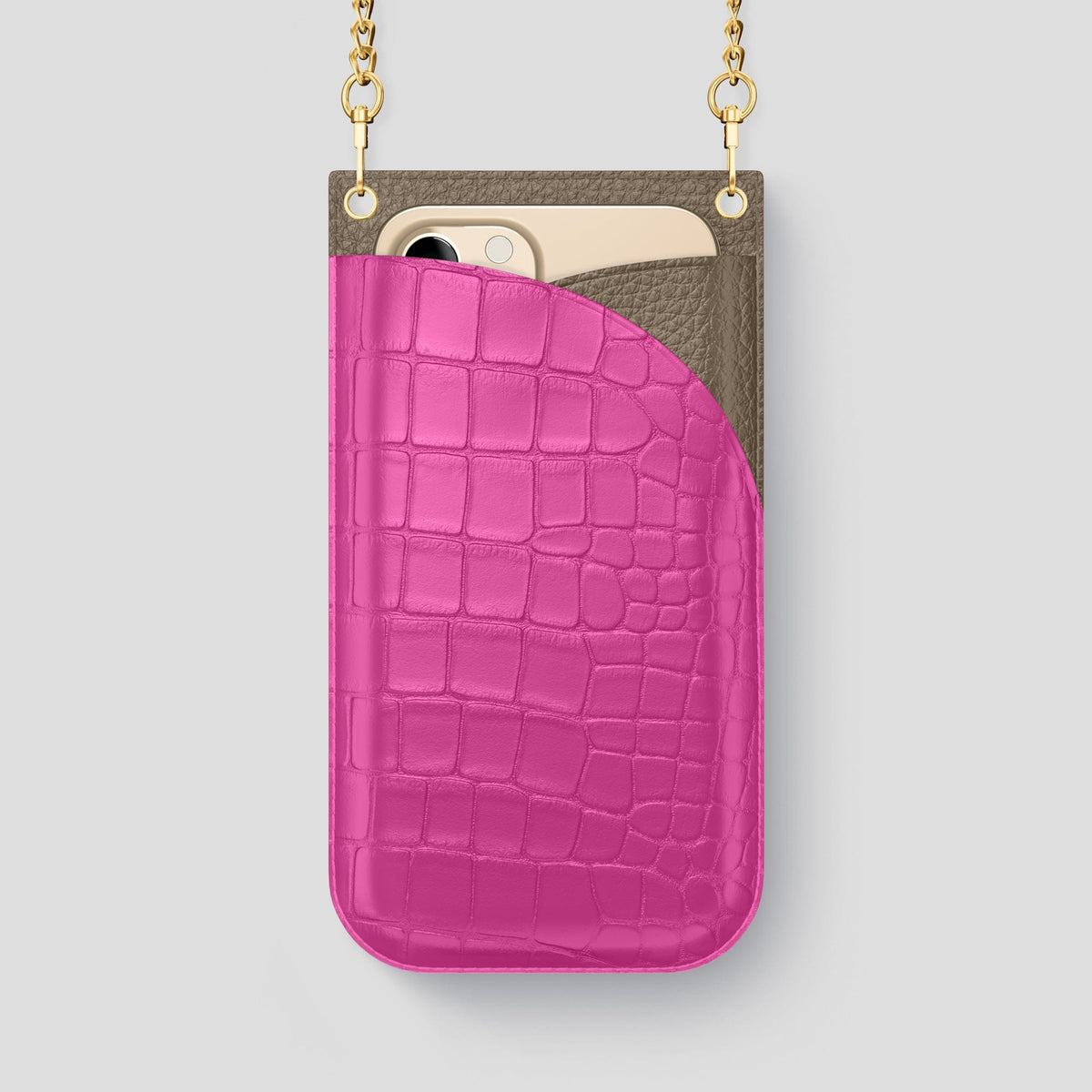 Fuchsia iPhone 14 Pro Max Crossbody Bag Alligator with Gold Metal -1 | Fuchsia-Gold
