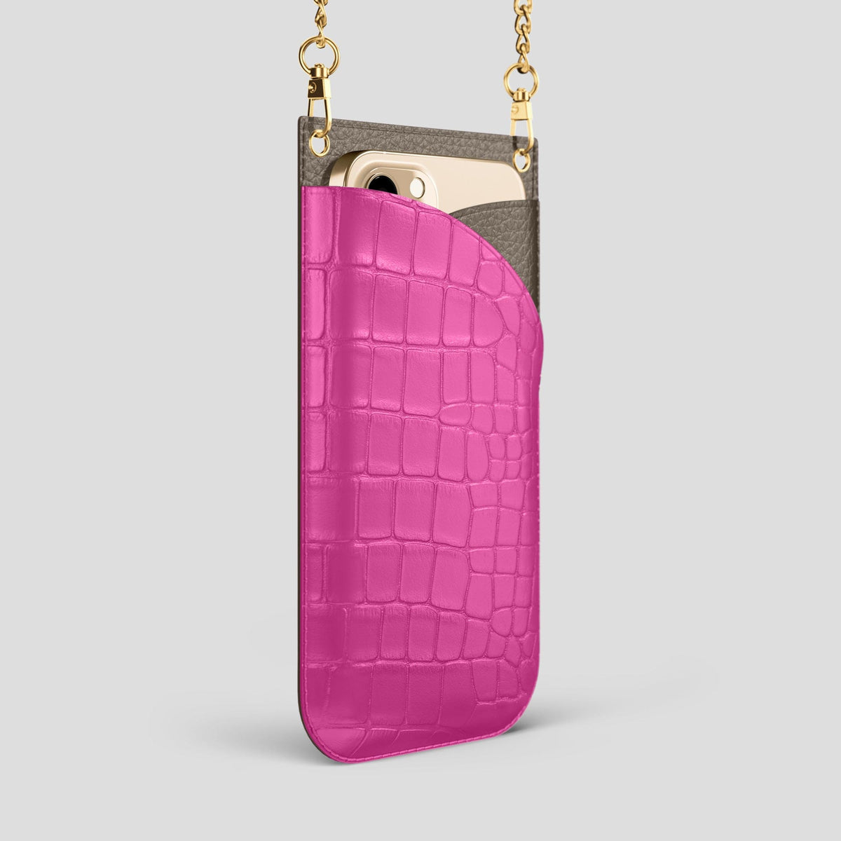 Fuchsia iPhone 14 Pro Max Crossbody Bag Alligator with Gold Metal -2 | Fuchsia-Gold