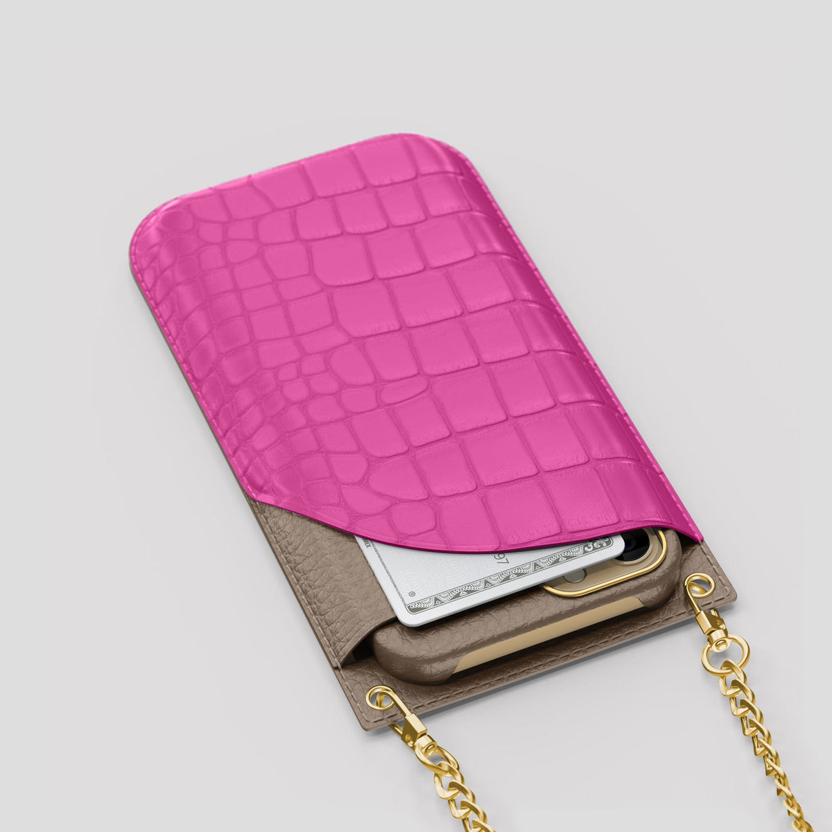 Fuchsia iPhone 14 Pro Max Crossbody Bag Alligator with Gold Metal -5 | Fuchsia-Gold