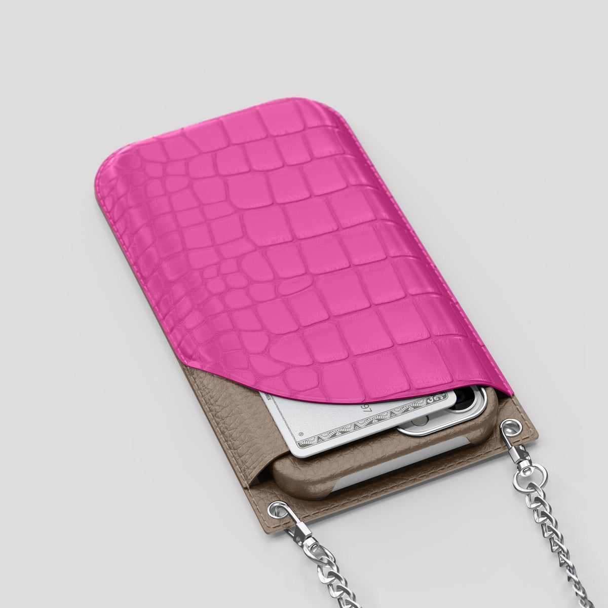 Fuchsia iPhone 14 Pro Max Crossbody Bag Alligator with Steel Metal -5 | Fuchsia-Steel