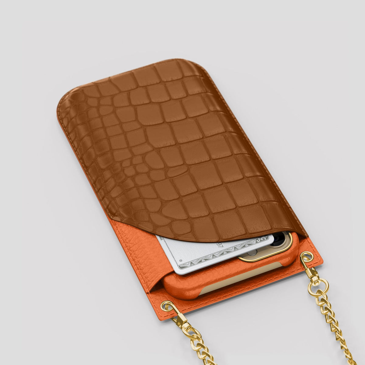 Honey iPhone 14 Pro Max Crossbody Bag Alligator with Gold Metal -5 | Honey-Gold