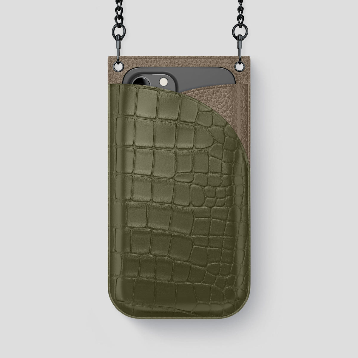 Kaki-Green iPhone 14 Pro Max Crossbody Bag Alligator with Black Metal -1 | Kaki-Green-Black