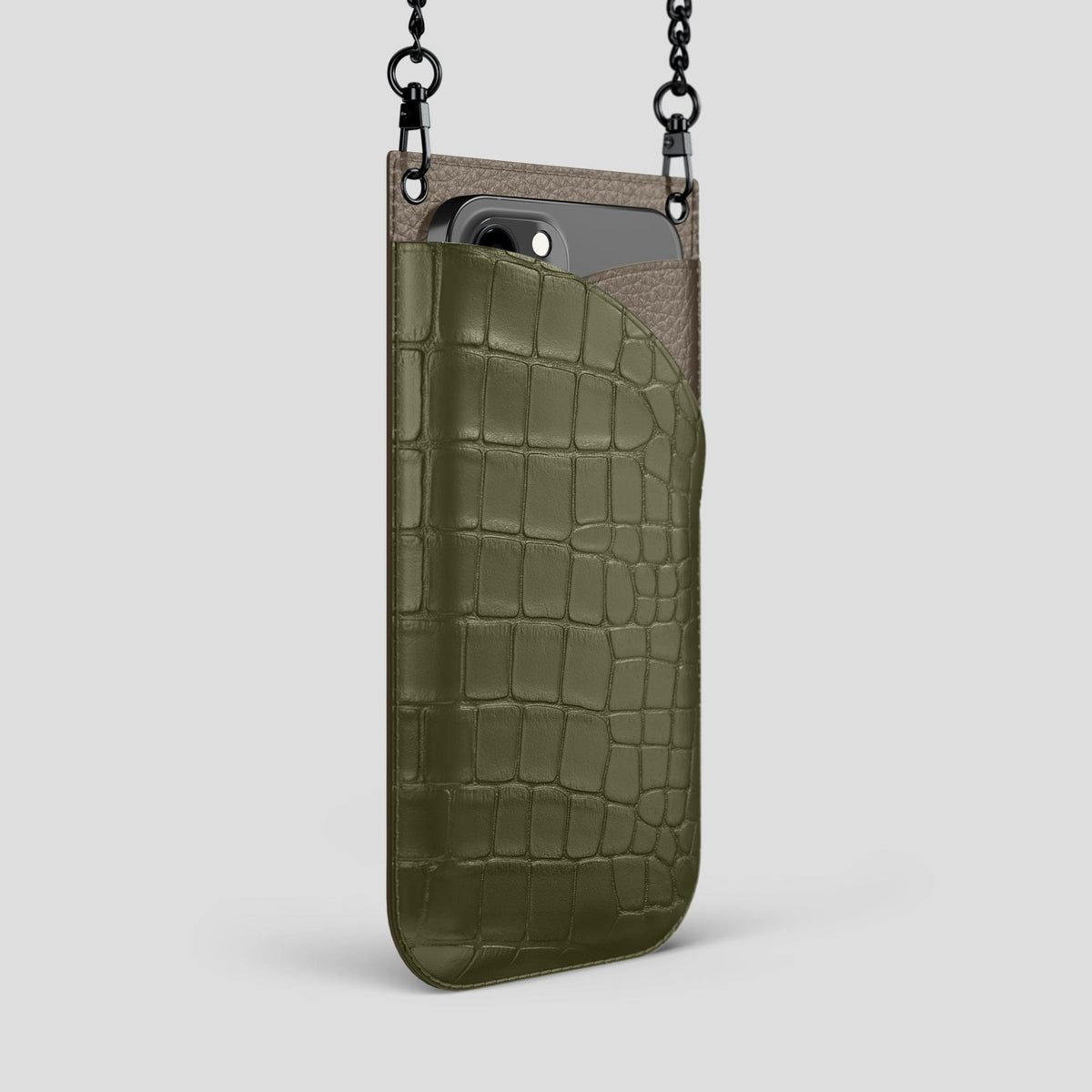 Kaki-Green iPhone 14 Pro Max Crossbody Bag Alligator with Black Metal -2 | Kaki-Green-Black