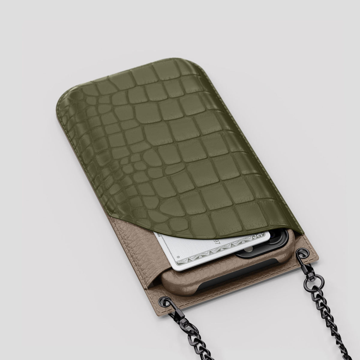 Kaki-Green iPhone 14 Pro Max Crossbody Bag Alligator with Black Metal -5 | Kaki-Green-Black