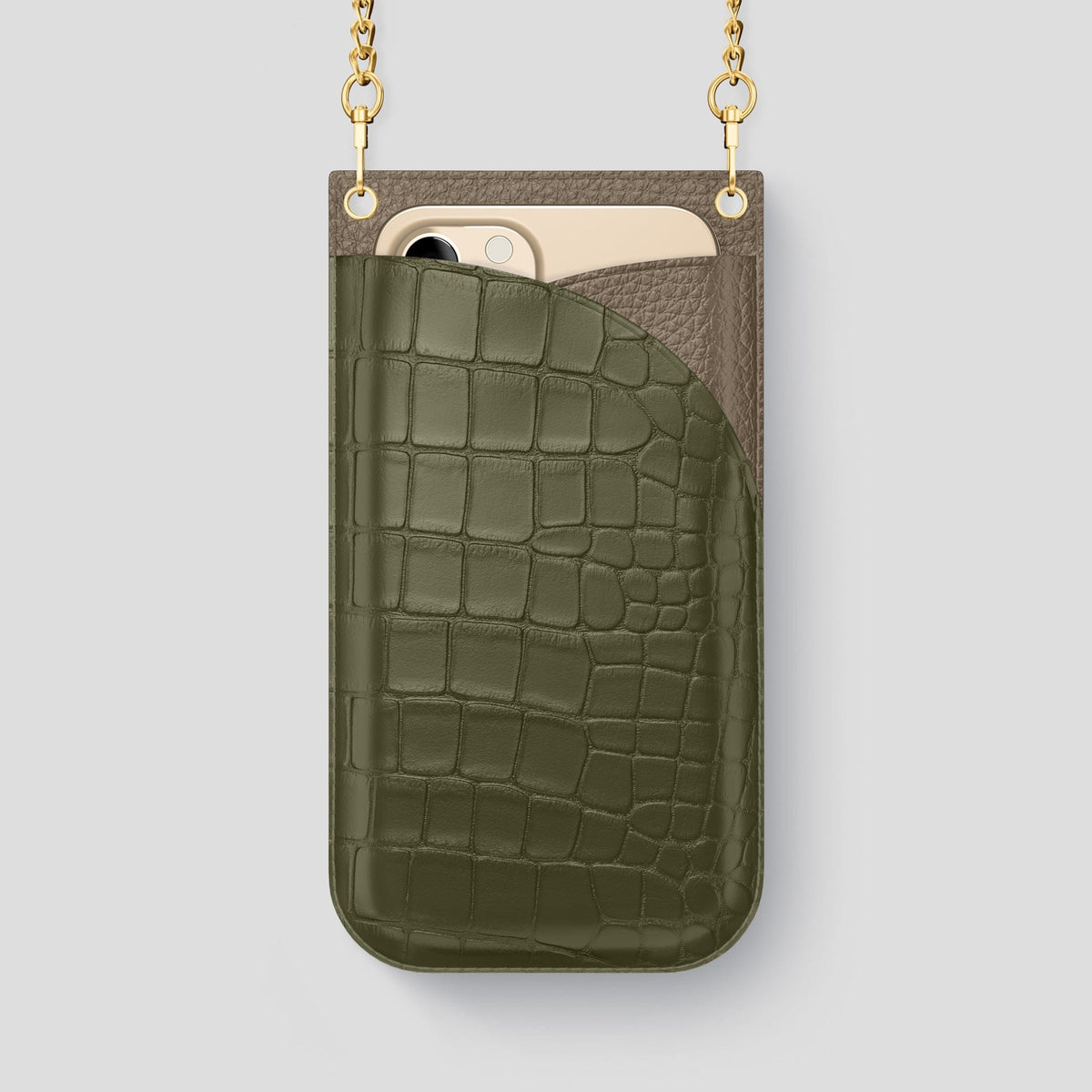 Kaki-Green iPhone 14 Pro Max Crossbody Bag Alligator with Gold Metal -1 | Kaki-Green-Gold