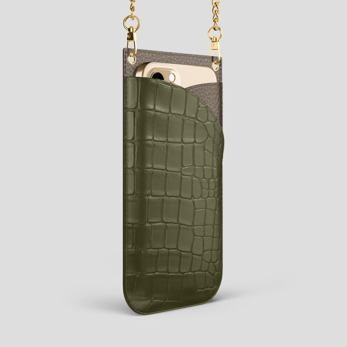 Kaki-Green iPhone 14 Pro Max Crossbody Bag Alligator with Gold Metal -2 | Kaki-Green-Gold