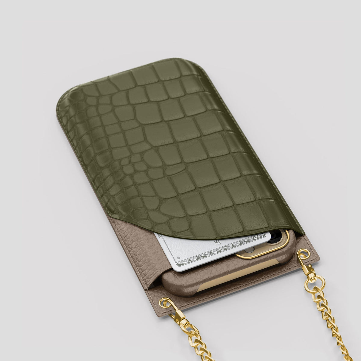Kaki-Green iPhone 14 Pro Max Crossbody Bag Alligator with Gold Metal -5 | Kaki-Green-Gold