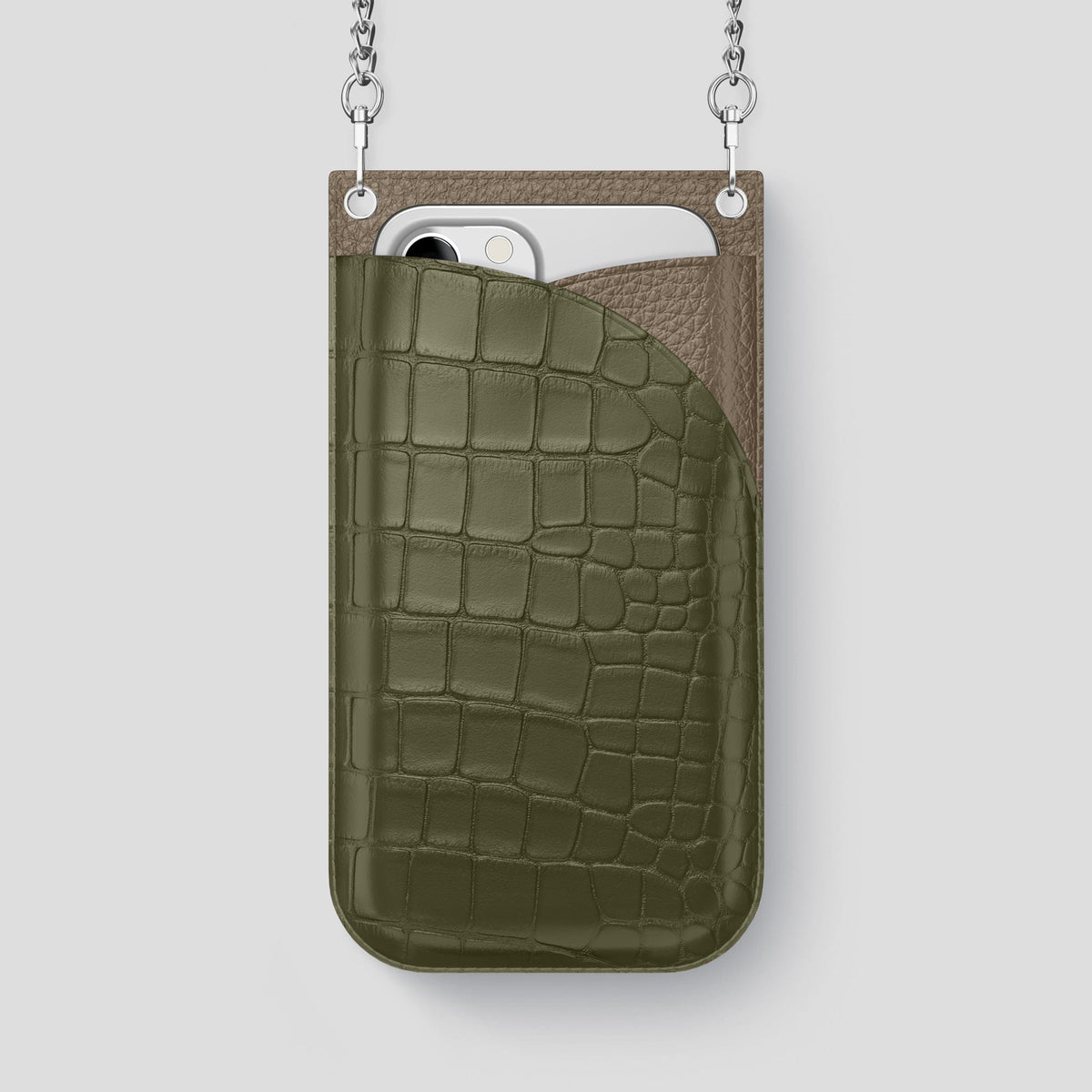 Kaki-Green iPhone 14 Pro Max Crossbody Bag Alligator with Steel Metal -1 | Kaki-Green-Steel