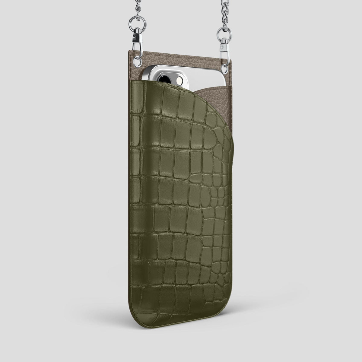 Kaki-Green iPhone 14 Pro Max Crossbody Bag Alligator with Steel Metal -2 | Kaki-Green-Steel