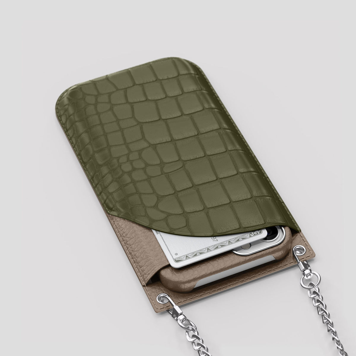 Kaki-Green iPhone 14 Pro Max Crossbody Bag Alligator with Steel Metal -5 | Kaki-Green-Steel