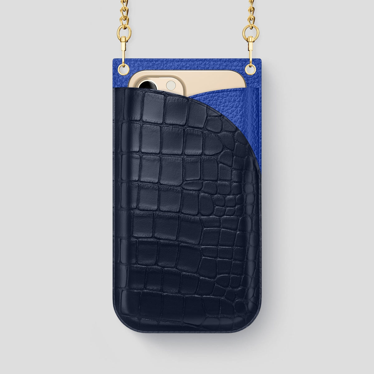 Navy Blue iPhone 14 Pro Max Crossbody Bag Alligator with Gold Metal -1 | Navy-Blue-Gold