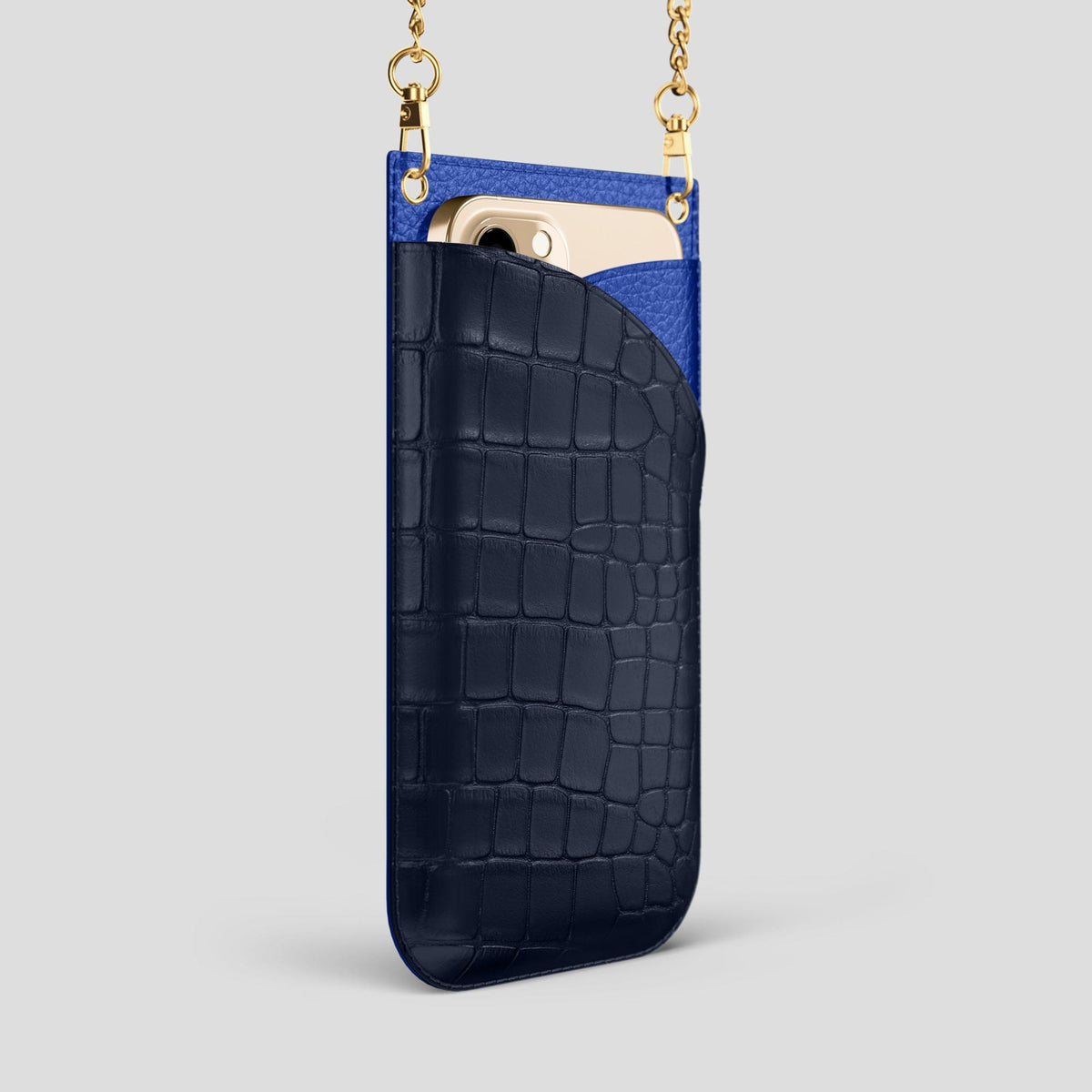 Navy Blue iPhone 14 Pro Max Crossbody Bag Alligator with Gold Metal -2 | Navy-Blue-Gold