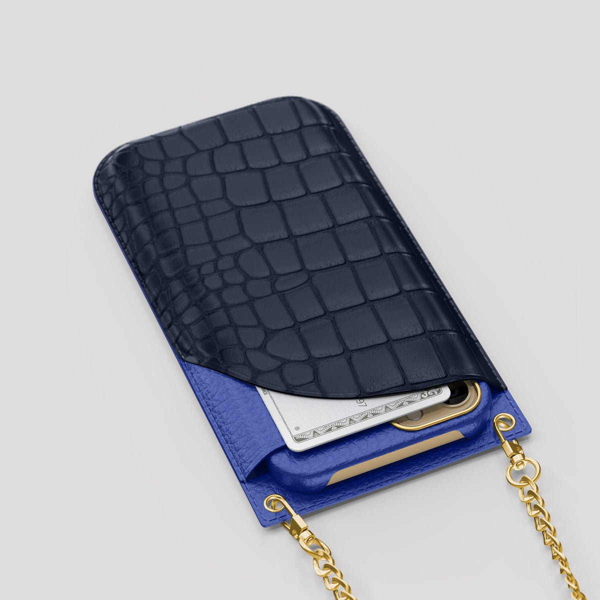 Navy Blue iPhone 14 Pro Max Crossbody Bag Alligator with Gold Metal -5 | Navy-Blue-Gold