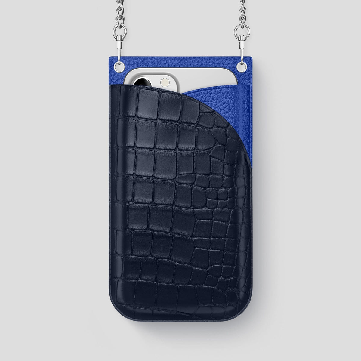 Navy Blue iPhone 14 Pro Max Crossbody Bag Alligator with Steel Metal -1 | Navy-Blue-Steel