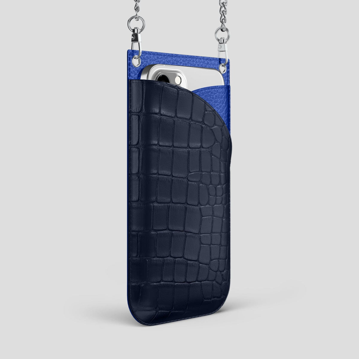 Navy Blue iPhone 14 Pro Max Crossbody Bag Alligator with Steel Metal -2 | Navy-Blue-Steel