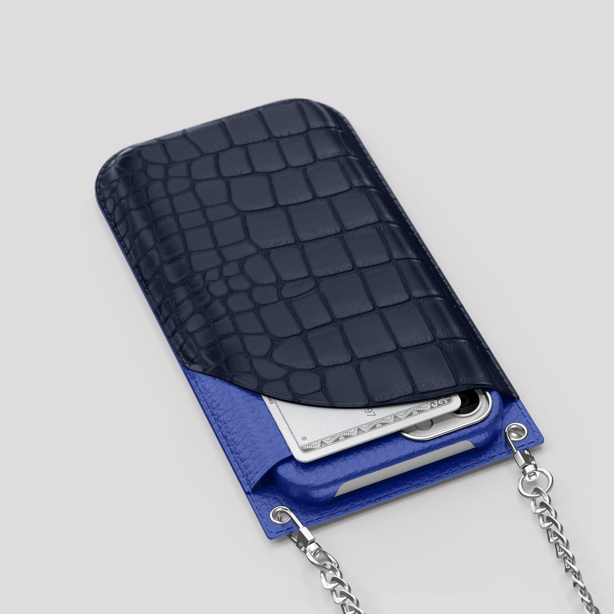 Navy Blue iPhone 14 Pro Max Crossbody Bag Alligator with Steel Metal -5 | Navy-Blue-Steel