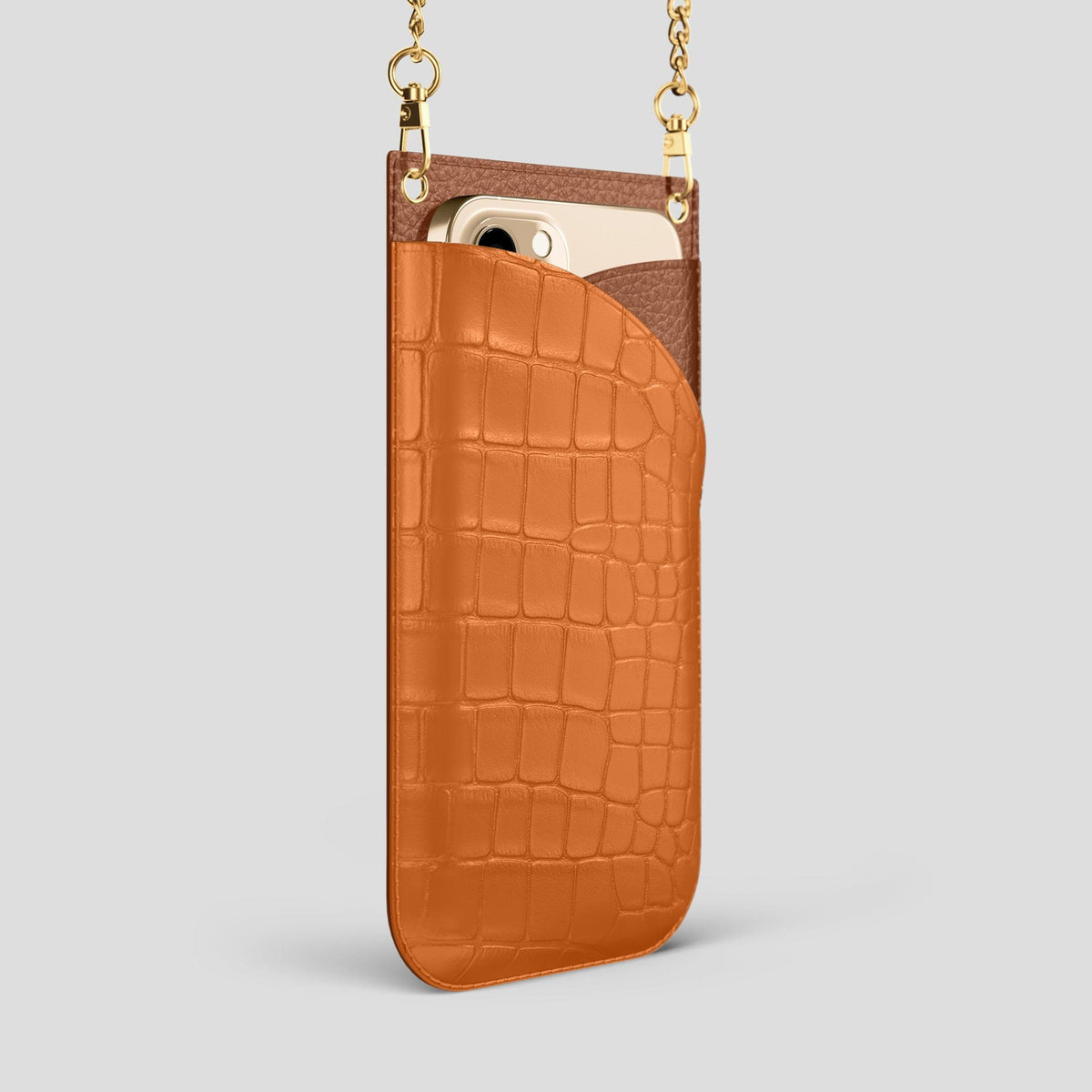 Orange iPhone 14 Pro Max Crossbody Bag Alligator with Gold Metal -2 | Orange-Gold