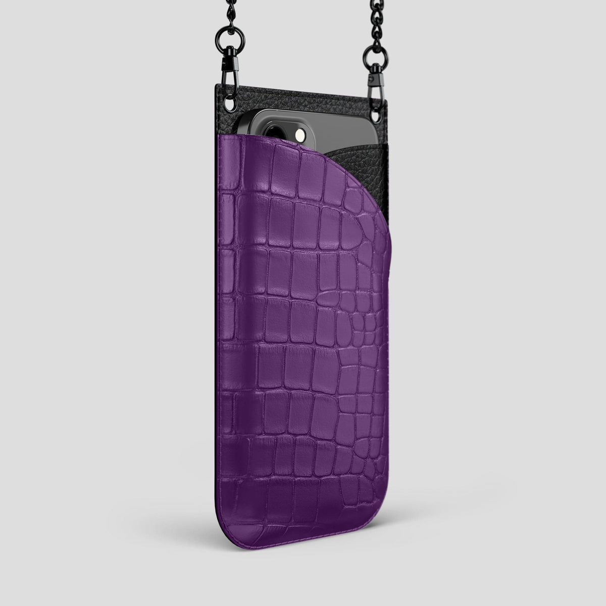 Purple iPhone 14 Pro Max Crossbody Bag Alligator with Black Metal -2 | Purple-Black
