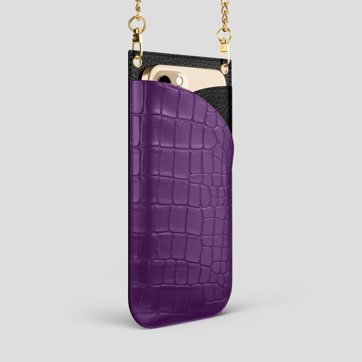 Purple iPhone 14 Pro Max Crossbody Bag Alligator with Gold Metal -2 | Purple-Gold