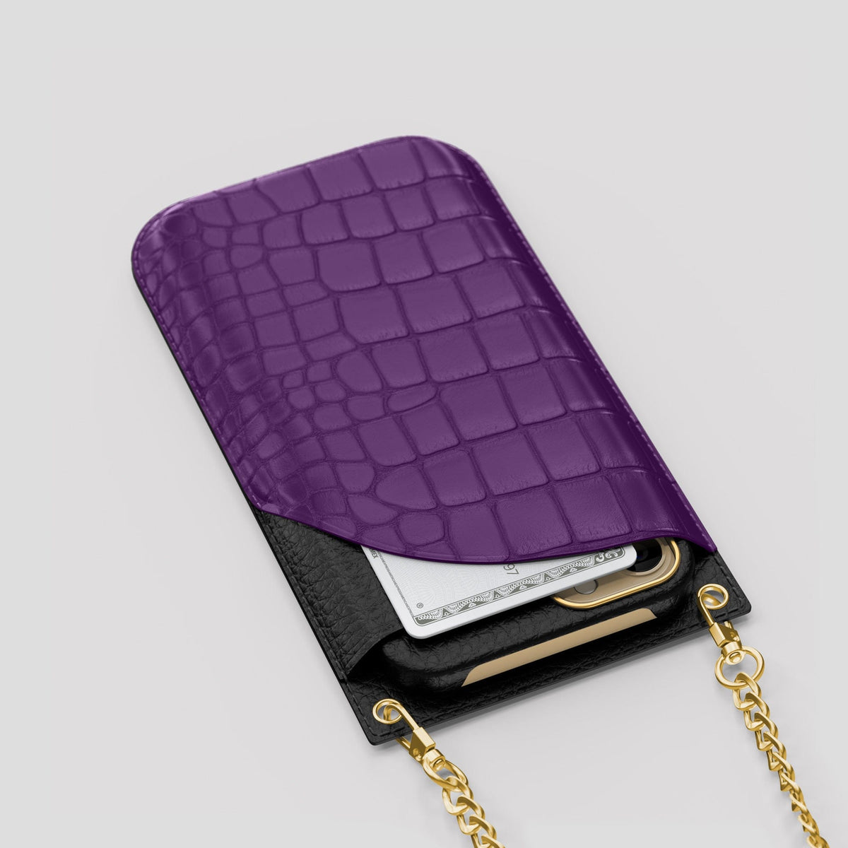 Purple iPhone 14 Pro Max Crossbody Bag Alligator with Gold Metal -5 | Purple-Gold