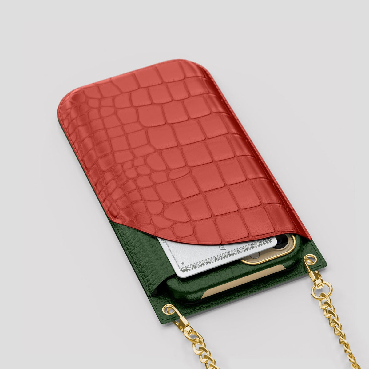 Red iPhone 14 Pro Max Crossbody Bag Alligator with Gold Metal -5 | Red-Gold