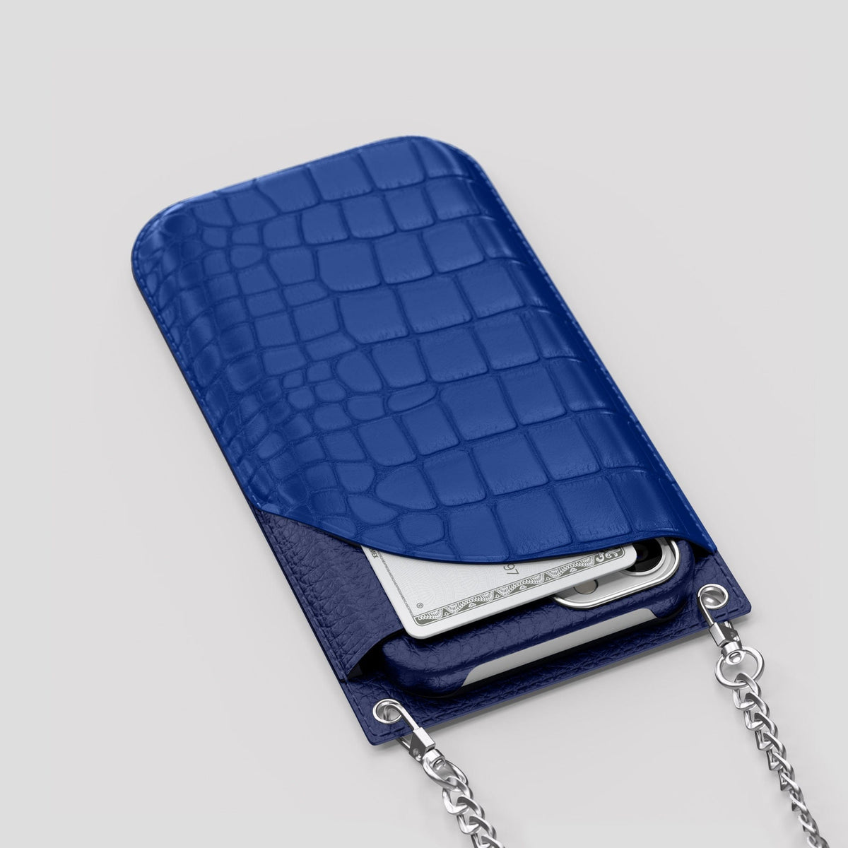 Royal Blue iPhone 14 Pro Max Crossbody Bag Alligator with Steel Metal -5 | Royal-Blue-Steel