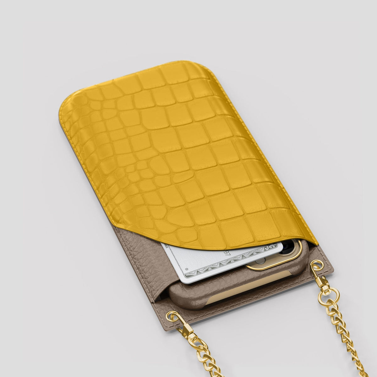 Yellow iPhone 14 Pro Max Crossbody Bag Alligator with Gold Metal -5 | Yellow-Gold