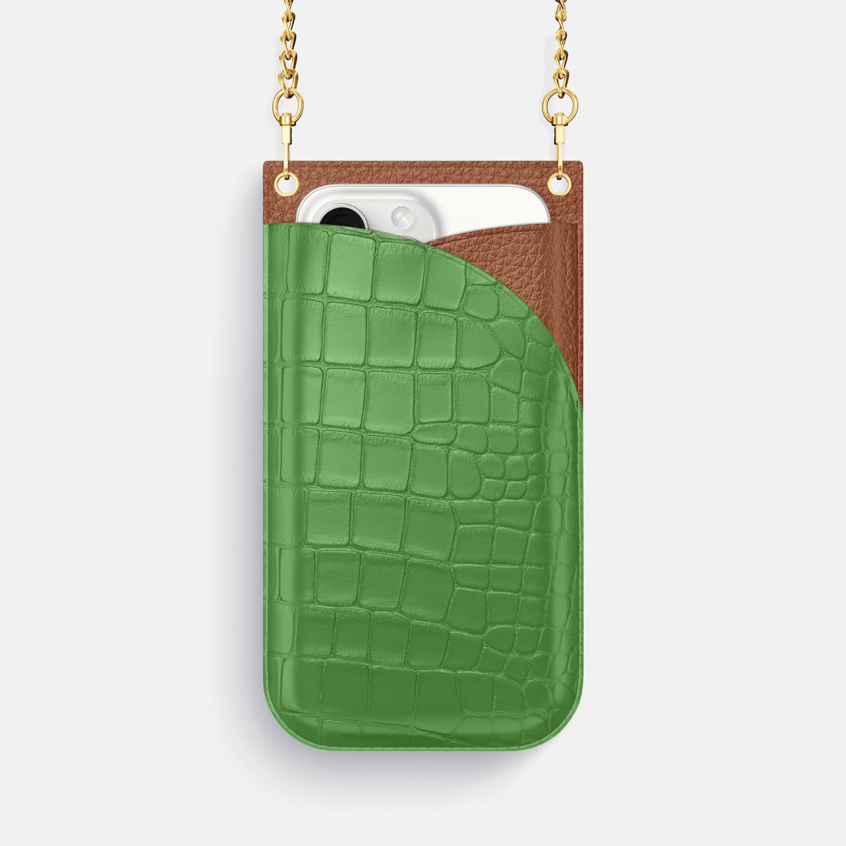 Apple-Green iPhone 16 Pro Crossbody Bag Alligator with Gold Metal -1 | Apple-Green-Gold