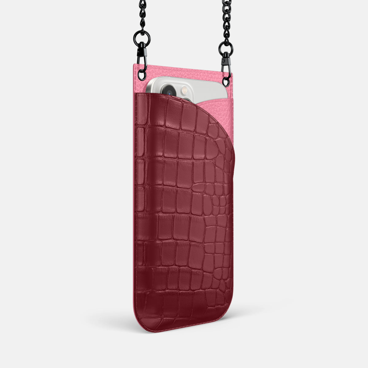 Burgundy iPhone 16 Pro Crossbody Bag Alligator with Black Metal -2 | Burgundy-Black
